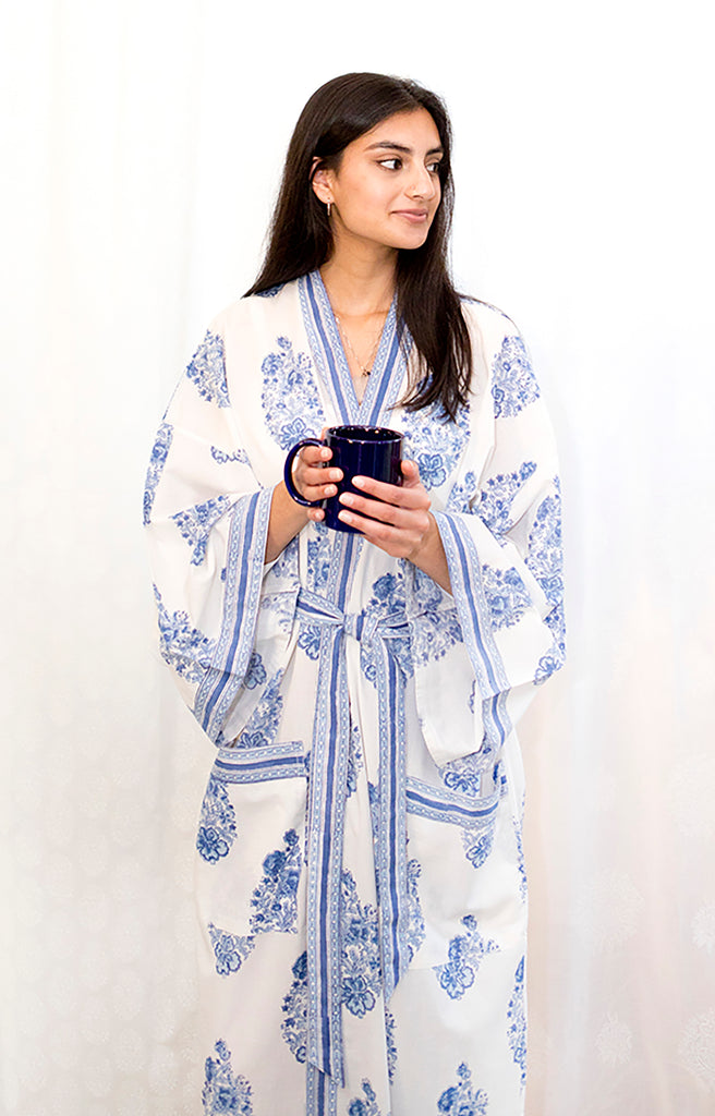 Long Kimono in Blue Bouquet