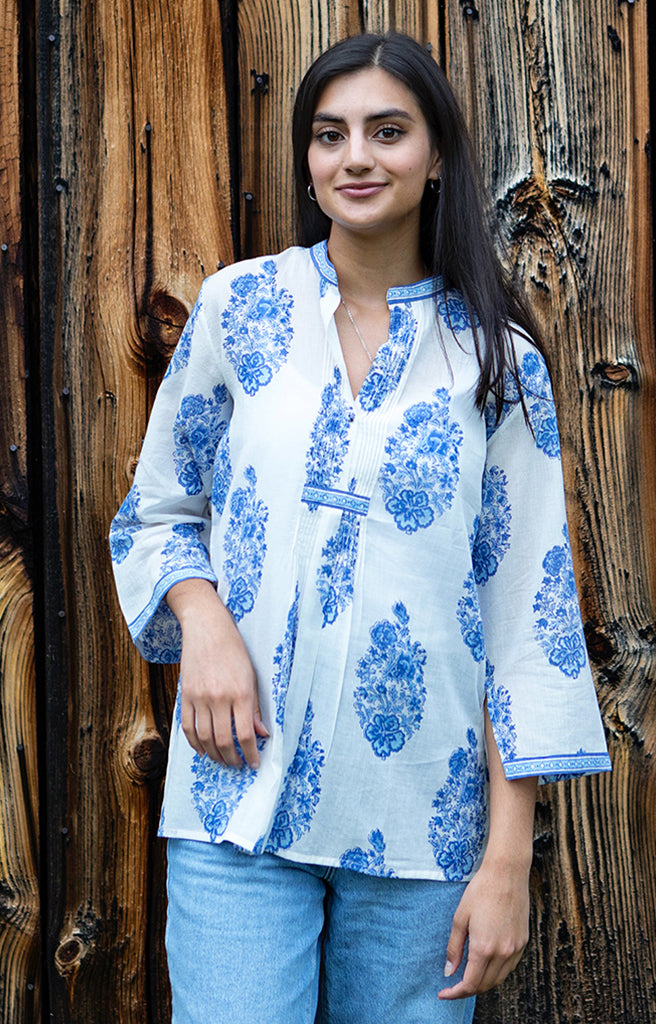Pintuck Blouse in Blue Bouquet