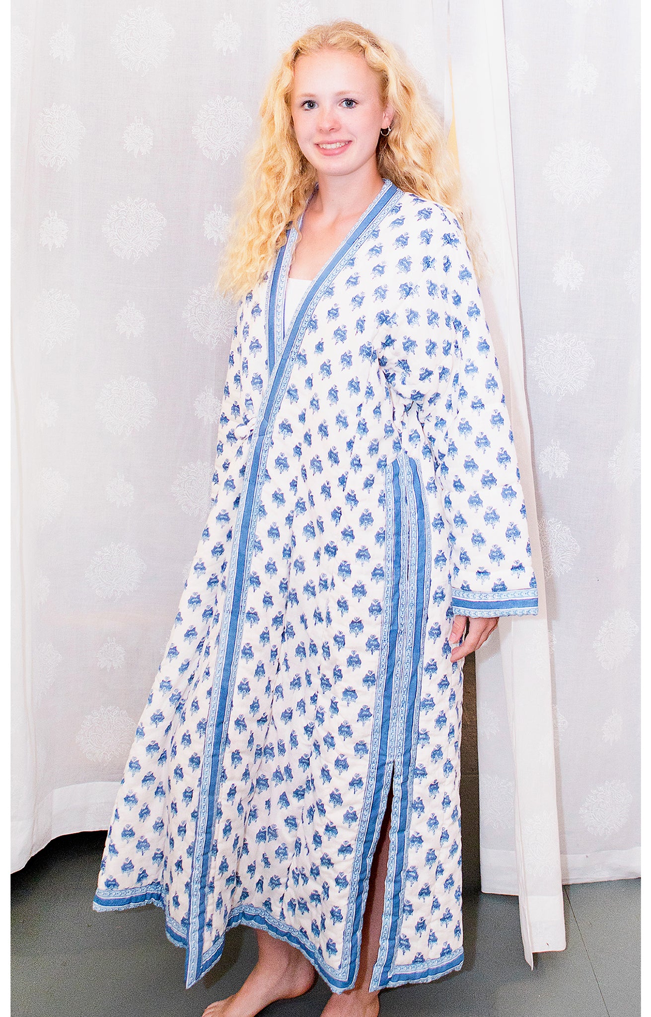 Petite Quilted Robe in Blue Posies Anokhi USA