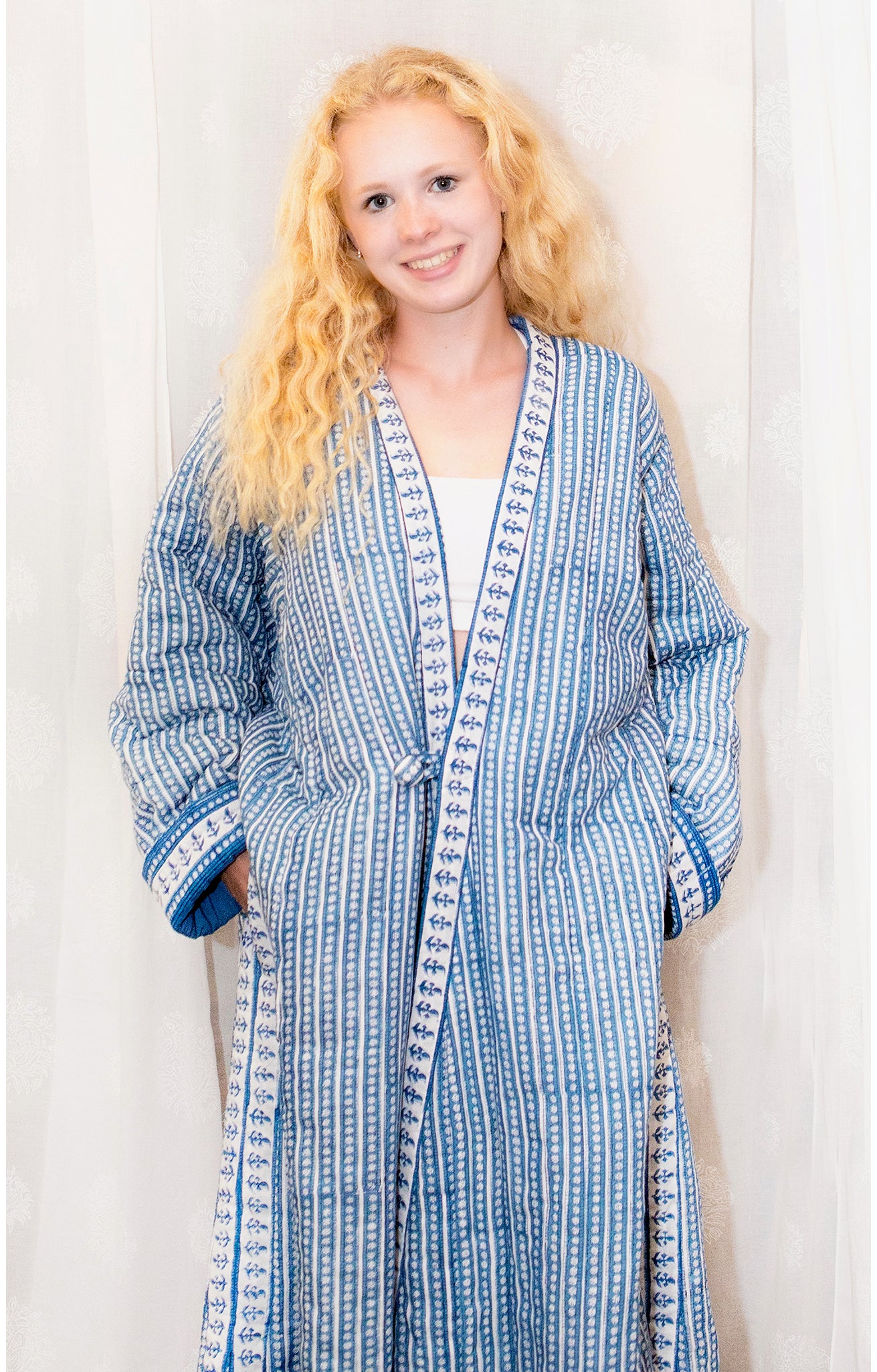 Quilted Robe in Striped Denim | Anokhi USA