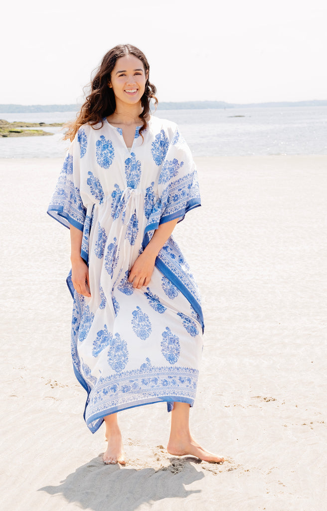 Drawstring Kaftan in Blue Bouquet