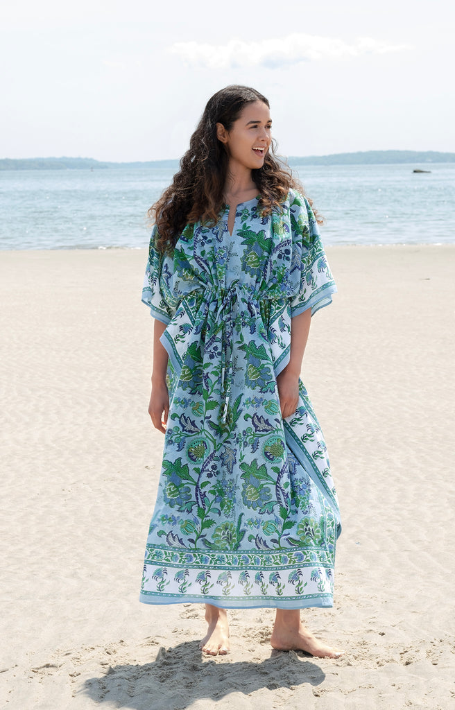 Drawstring Kaftan in Damask Sky