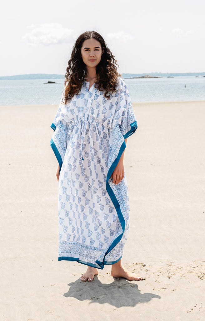 Drawstring Kaftan in Denim Double Paisley