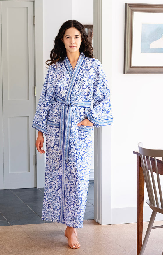 Long Kimono in Porcelain Flower Blue