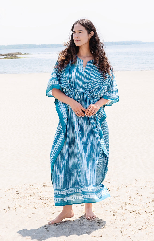 Drawstring Kaftan in Striped Denim