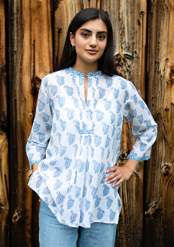 Pintuck Blouse in Denim Double Paisley