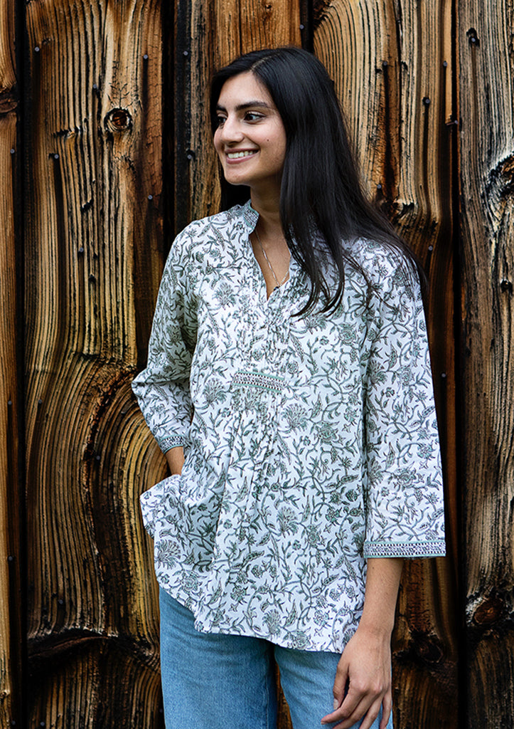 Pintuck Blouse in Grey Vines