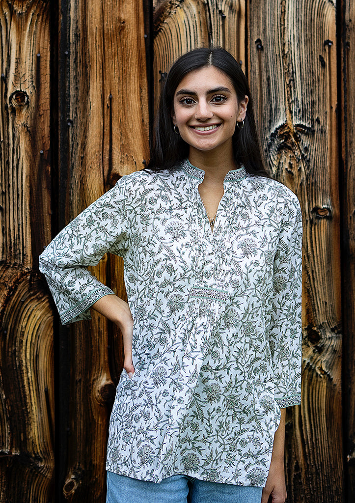 Pintuck Blouse in Grey Vines