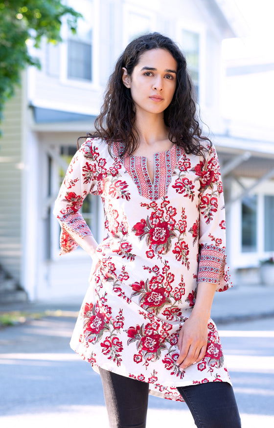 Bias Tunic in Blossoms Red