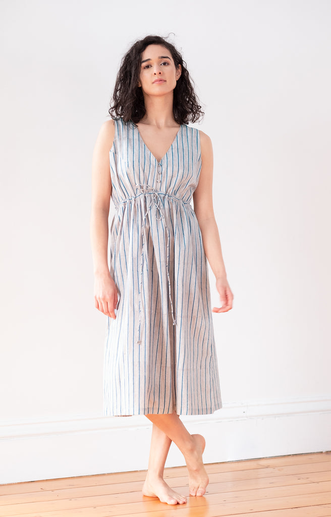 Button Sundress in Grey Stripe