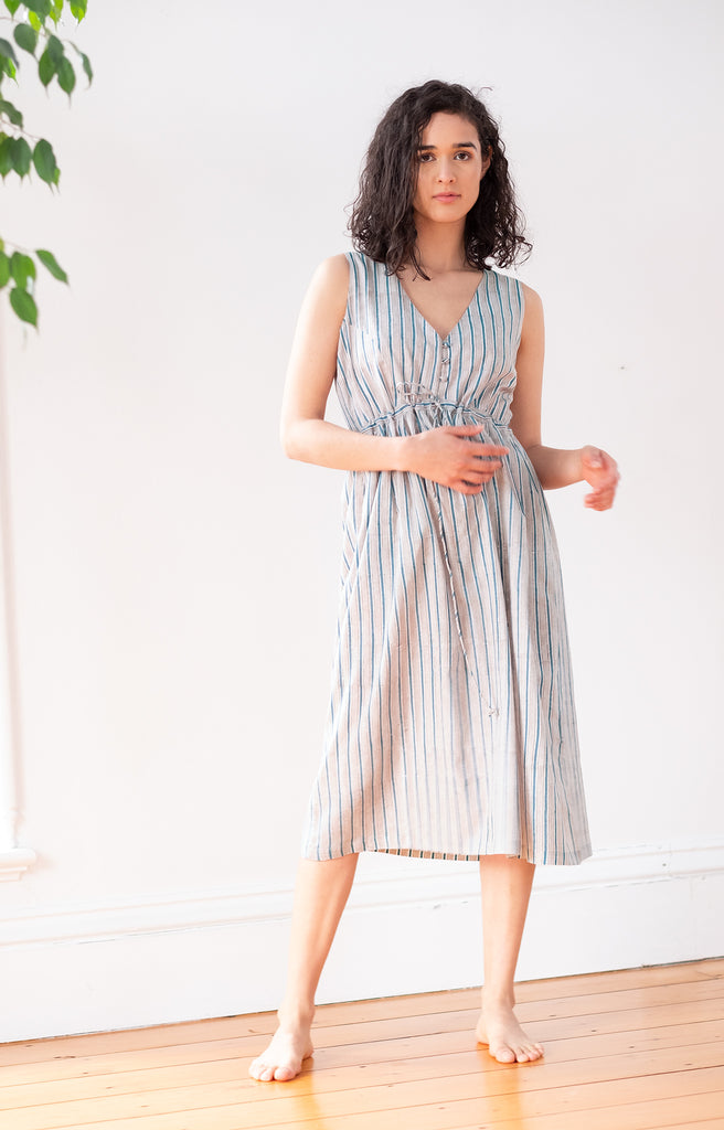 Button Sundress in Grey Stripe