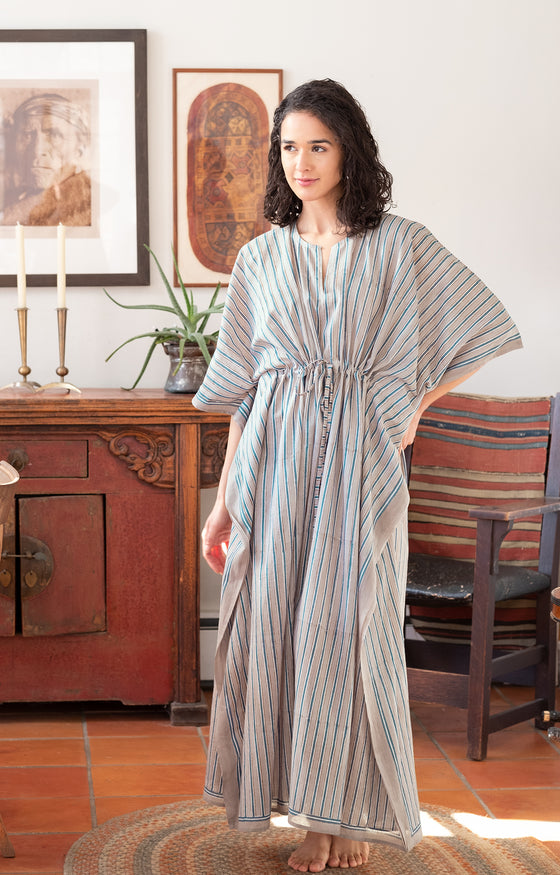 Drawstring Kaftan in Grey Stripe