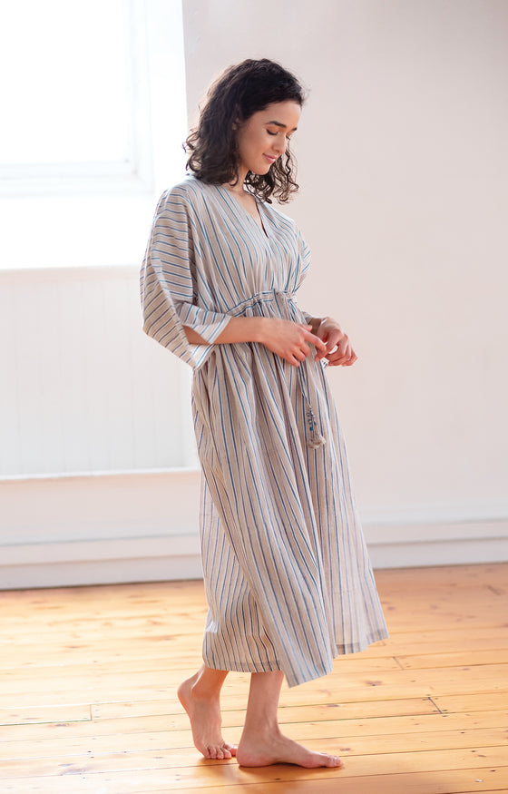 Peasant Dress in Grey Stripe