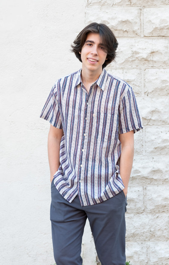 Men's Short Sleeve Shirt in Navy Stripe