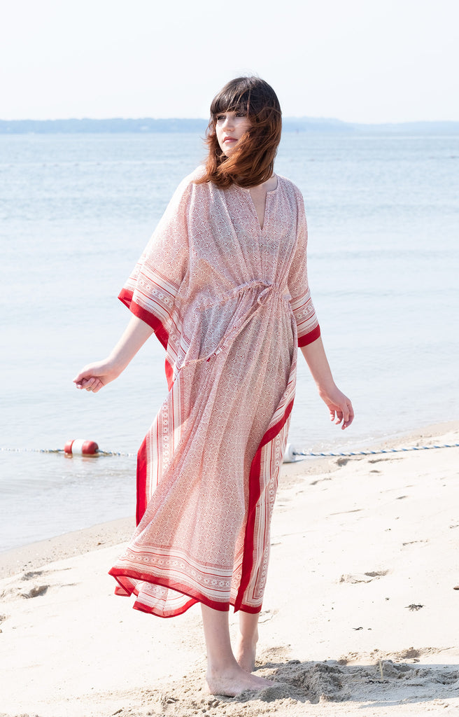 Drawstring Kaftan in Red Tiles